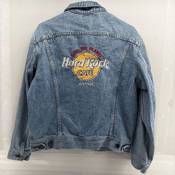 Vintage 90s Hard Rock Cafe Aspen Embroidery Denim Jean Lee Trucker Jacket Medium - Picture 1 of 4